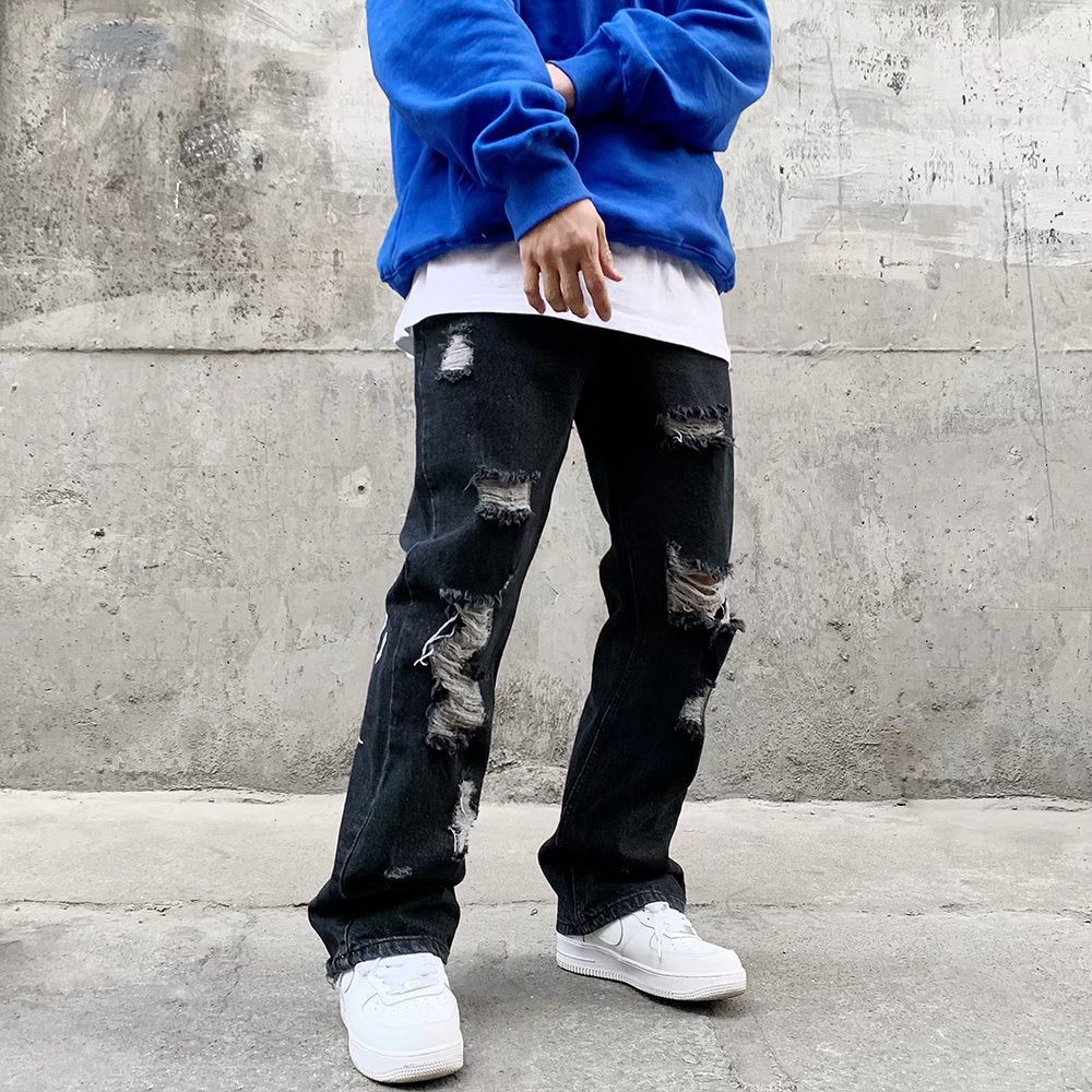 Men Jeans Embroidered Jeans Hip Hop Ripped Loose Trousers