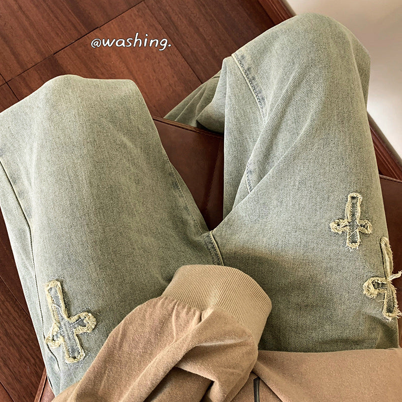 Men Jeans Embroidered Jeans Straight-Leg Pants