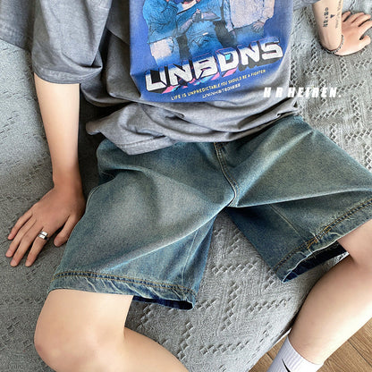 Men Jeans Vintage Denim Shorts Loose Casual Shorts