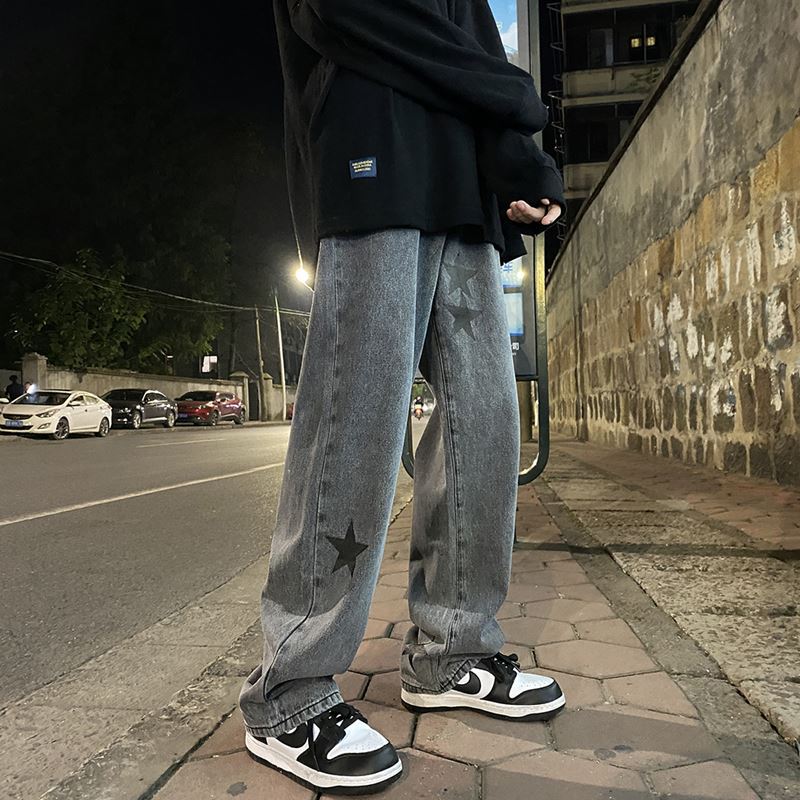 Men Jeans Five-Pointed Star Gray Jeans Men's Loose Straight Wide-Leg Pants Spring and Autumn