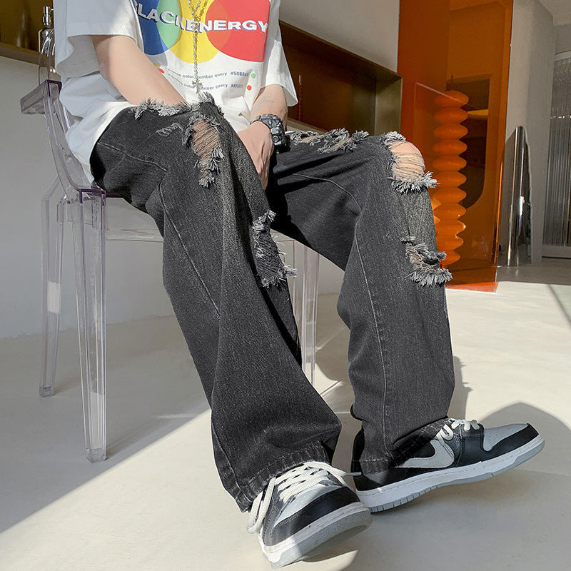 Men Jeans Ripped Jeans Men's Summer Straight-Leg Pants