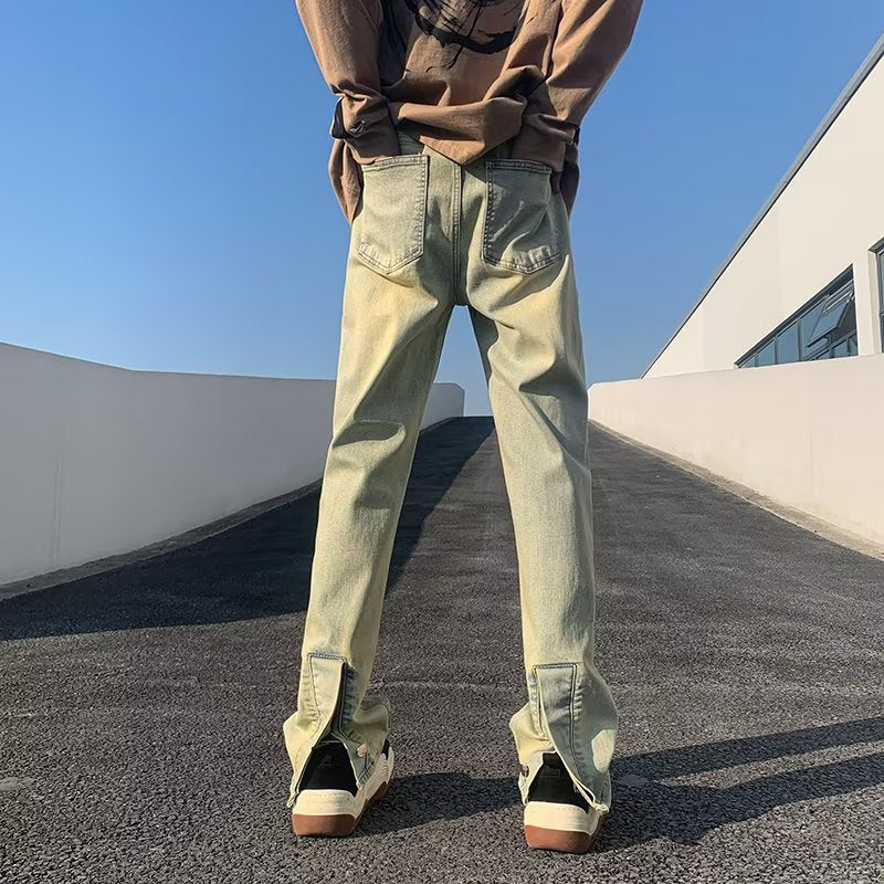 Men Jeans Washed Worn Jeans Men's Straight Loose Flared Pants