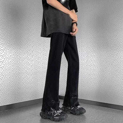 Men Jeans Raw Hem Ripped Skinny Jeans Summer Baggy Straight Trousers