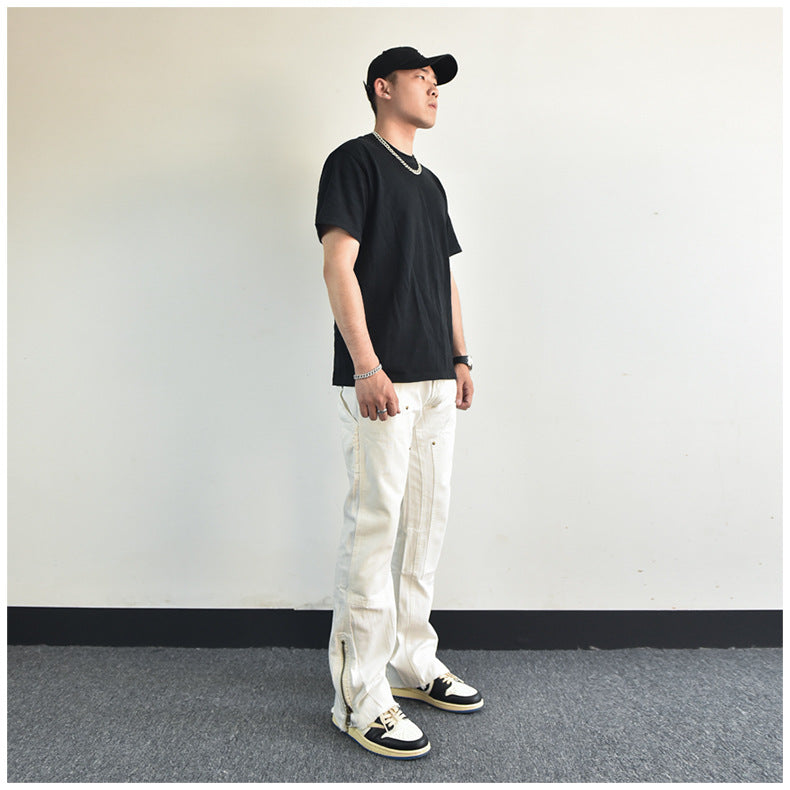 Men Jeans Zipper Slit Slightly Flared Casual Pants Loose Cargo Pants