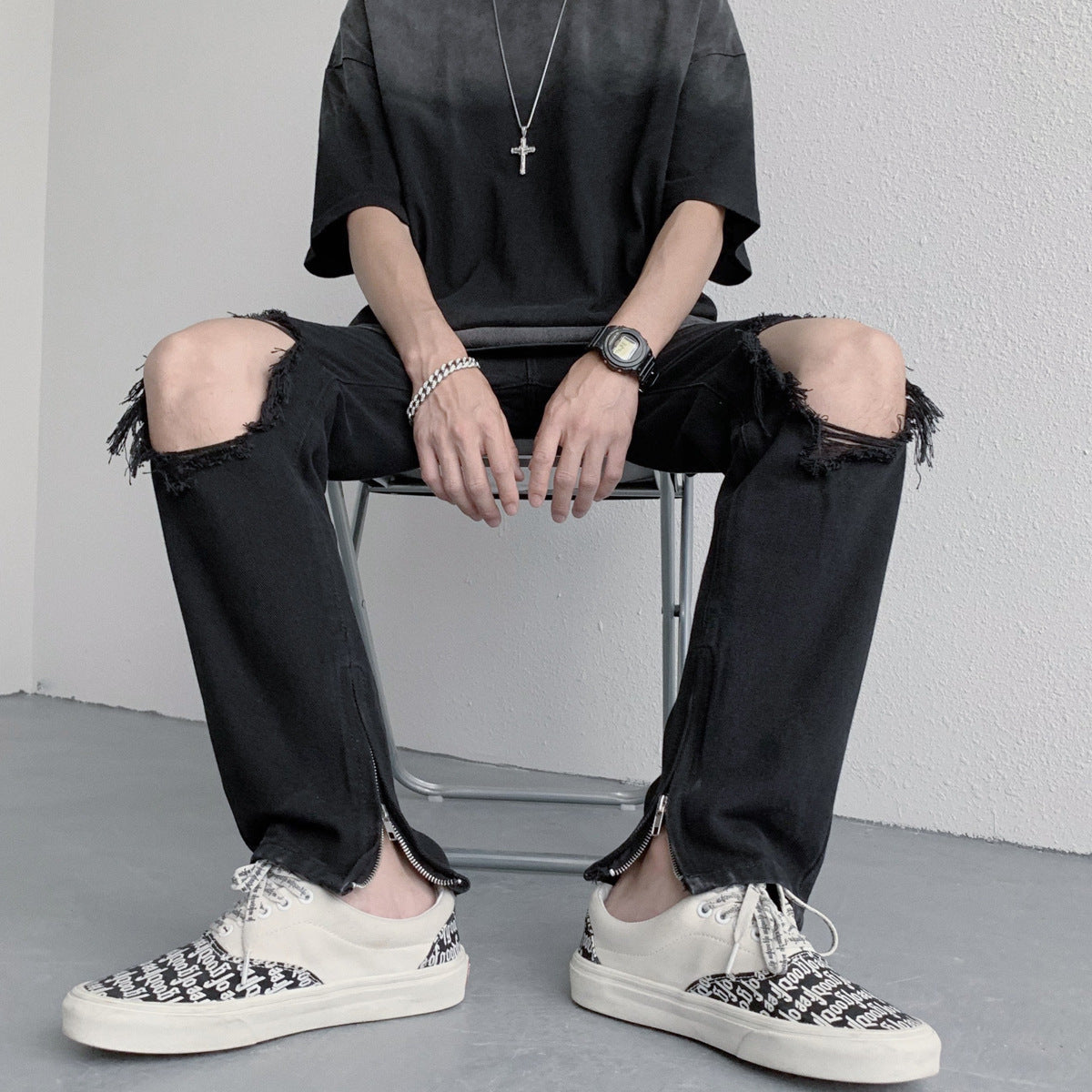 Men Jeans Ripped Jeans Men's Summer Loose Straight Wide Leg Pants