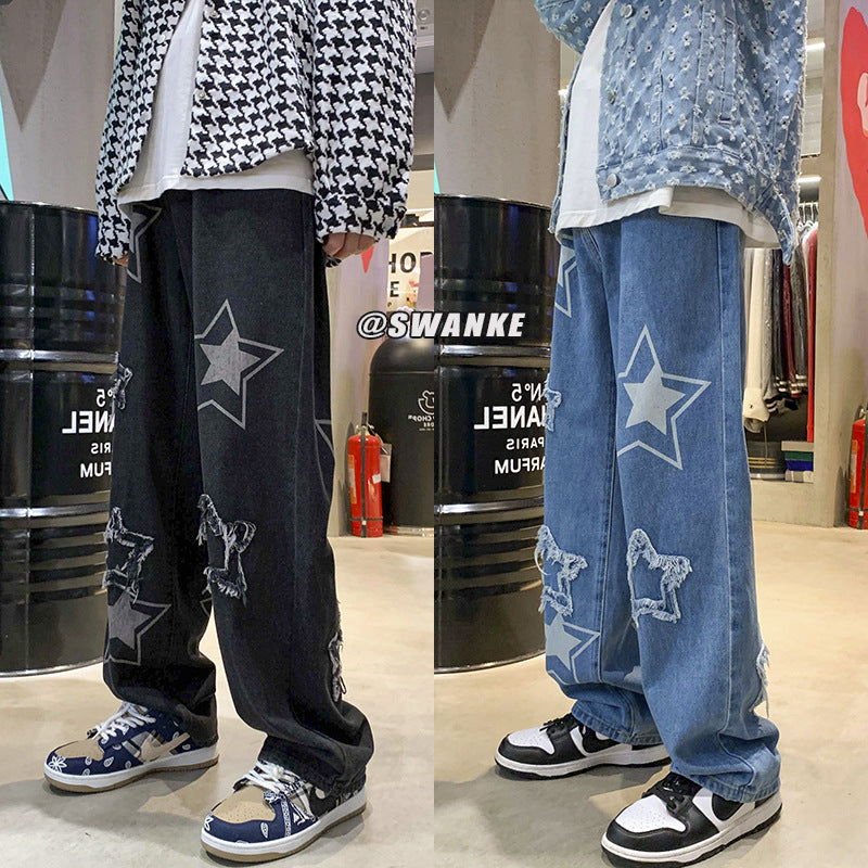Men Jeans Embroidered Jeans Men's Winter Loose Five-Pointed Star Straight Wide-Leg Pants