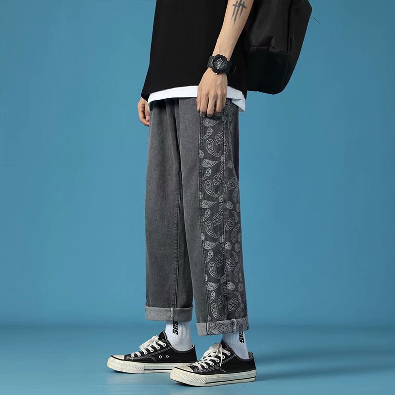 Men Jeans Paisley Jeans Summer Loose Casual Pants Retro Straight-Leg Pants