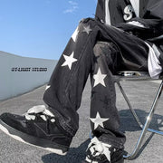 Men Jeans Five-Pointed Star Embroidered Jeans Retro Tattered Jeans Straight-Leg Pants