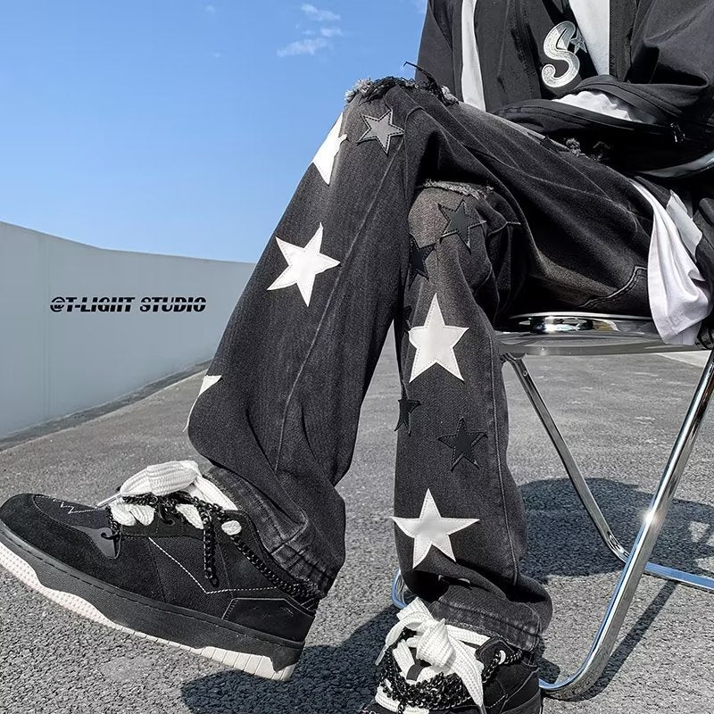 Men Jeans Five-Pointed Star Embroidered Jeans Retro Tattered Jeans Straight-Leg Pants