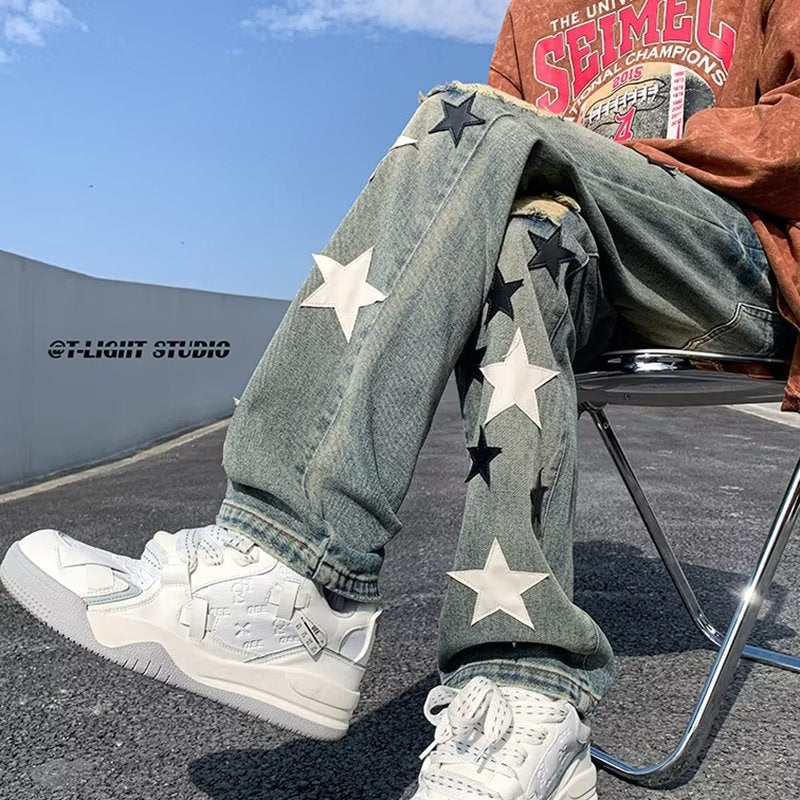 Men Jeans Five-Pointed Star Embroidered Jeans Retro Tattered Jeans Straight-Leg Pants