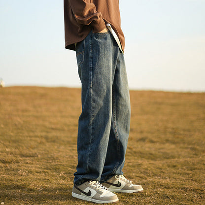 Men Jeans Vintage Blue Casual Jeans Washed Distressed Straight-Leg Pants