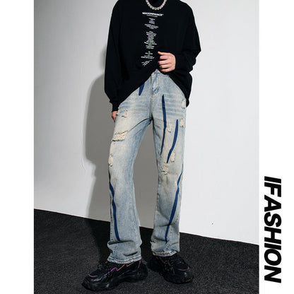 Men Jeans Retro Washed Distressed Loose Straight Hiphop Wide Leg Trousers