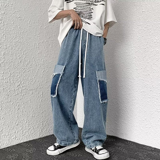 Men Jeans Patch Ripped Jeans Summer Retro Straight Loose Pants