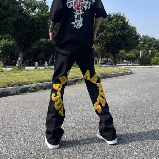 Men Jeans Flocking Embroidered Jeans Loose Trousers