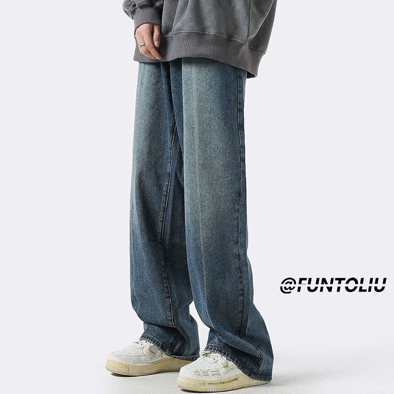 Men Jeans Loose Straight Casual Trousers Ancient Washed Distressed Wide-Leg Pants