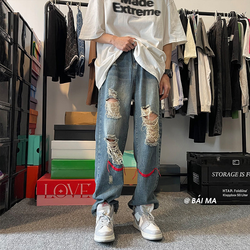 Men Jeans Ripped Jeans Men's Summer Retro Hip Hop Straight-Leg Trousers