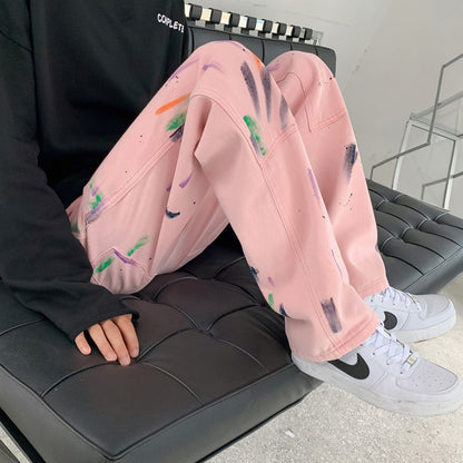 Men Jeans Splash-Ink Jeans Men's Autumn Baggy Straight Trousers Casual Trousers