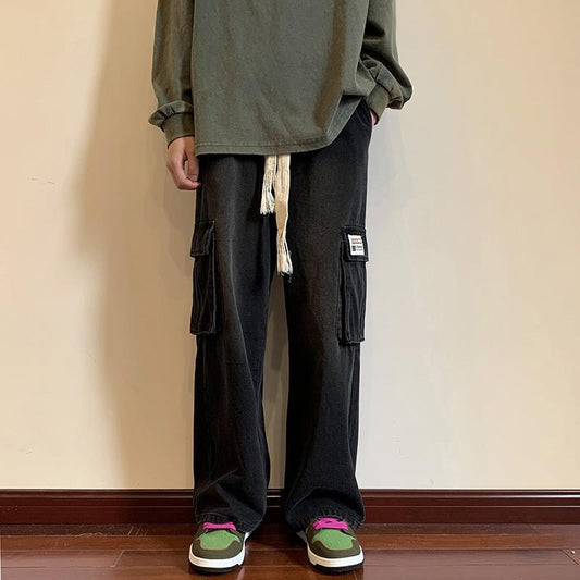 Men Jeans Washed-out Vintage Multi-Pocket Straight Loose Casual Wide-Leg Trousers