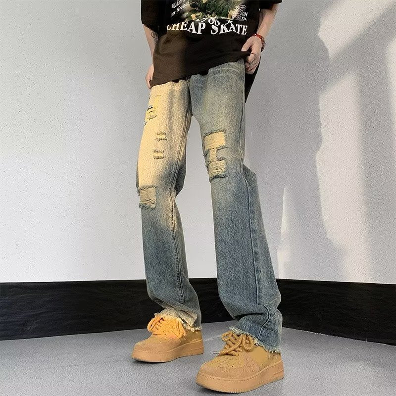 Men Jeans Washed Make Old Ripped Jeans Men's Summer Straight-Leg Trousers