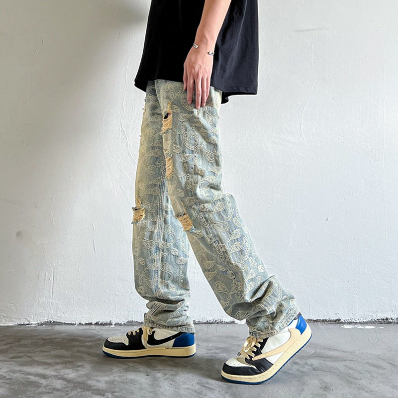 Men Jeans Ripped Jeans Men's Washed Vintage Paisley Straight Casual Pants