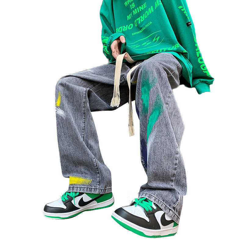 Men Jeans Graffiti Jeans Spring Straight-Leg Pants Loose-Fitting Wide-Leg Trousers