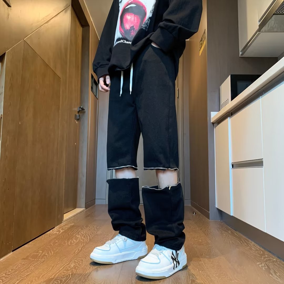 Men Jeans Zipper Jeans Loose Straight Harem Pants Removable Zipper Trousers