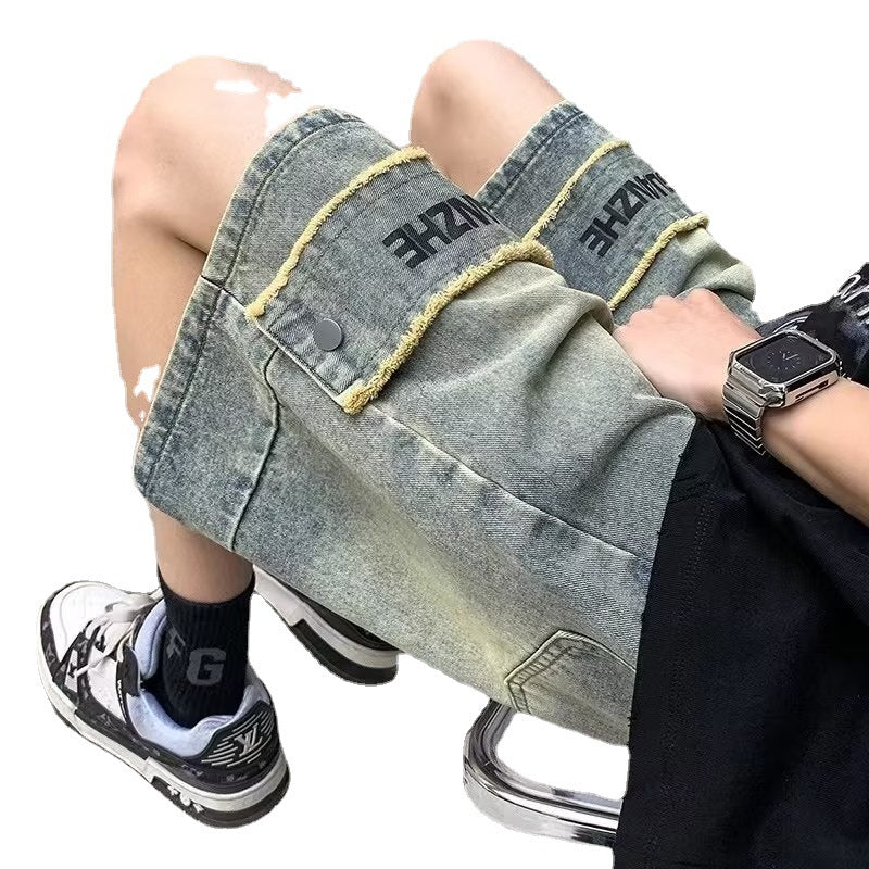 Men Jeans Denim Shorts Men's Washed-out Vintage Straight Wide Leg Pants