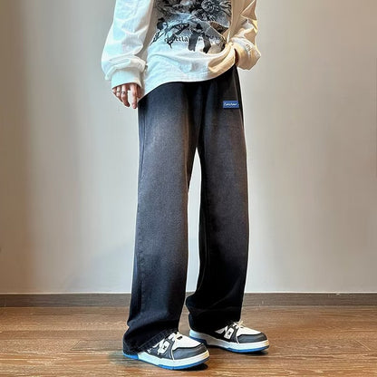 Men Jeans Vintage Labeling Gradient Jeans Wide Leg Pants