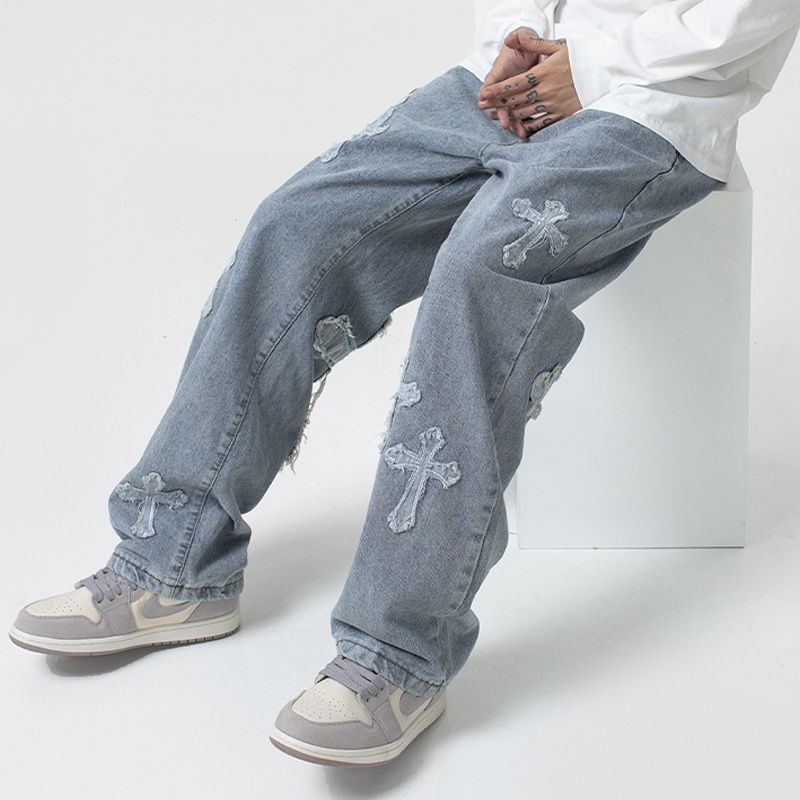 Men Jeans Cross Patchwork Jeans Hip Hop Straight Loose-Fitting Wide-Leg Trousers
