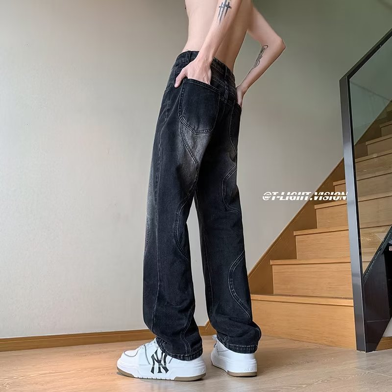 Men Jeans Stitching Washed Jeans Straight-Leg Pants