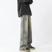 Men Jeans Cross Embroidery Straight-Leg Pants Spring Loose Retro Oversized Casual Trousers