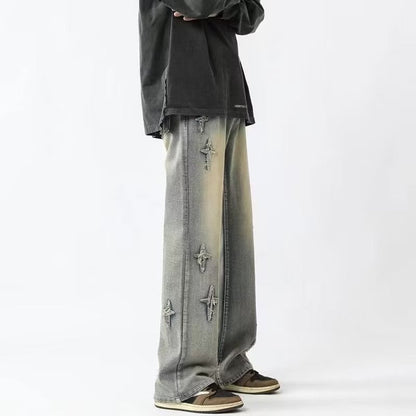 Men Jeans Cross Embroidery Straight-Leg Pants Spring Loose Retro Oversized Casual Trousers