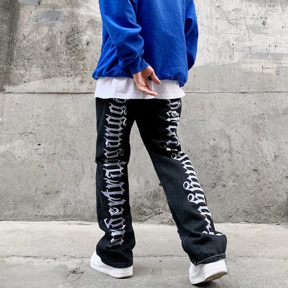 Men Jeans Embroidered Jeans Hip Hop Ripped Loose Trousers