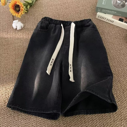 Men Jeans Drawstring Denim Shorts Men's Pants Summer Straight Loose Shorts