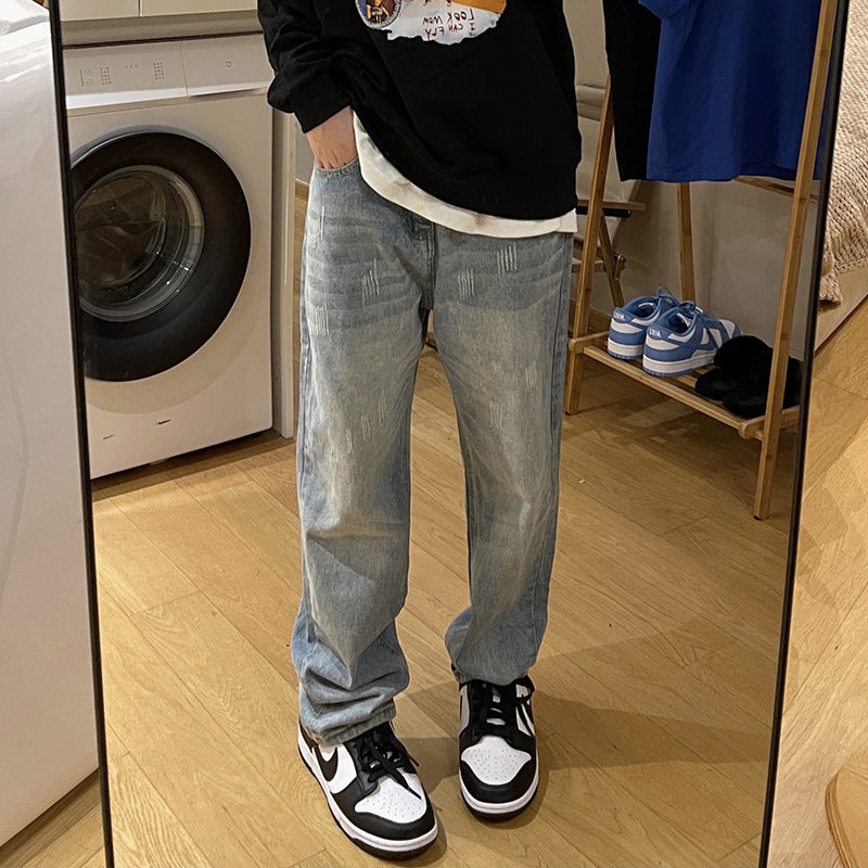 Men Jeans Spring Washed Casual Pants Distressed Straight Wide Leg Pants
