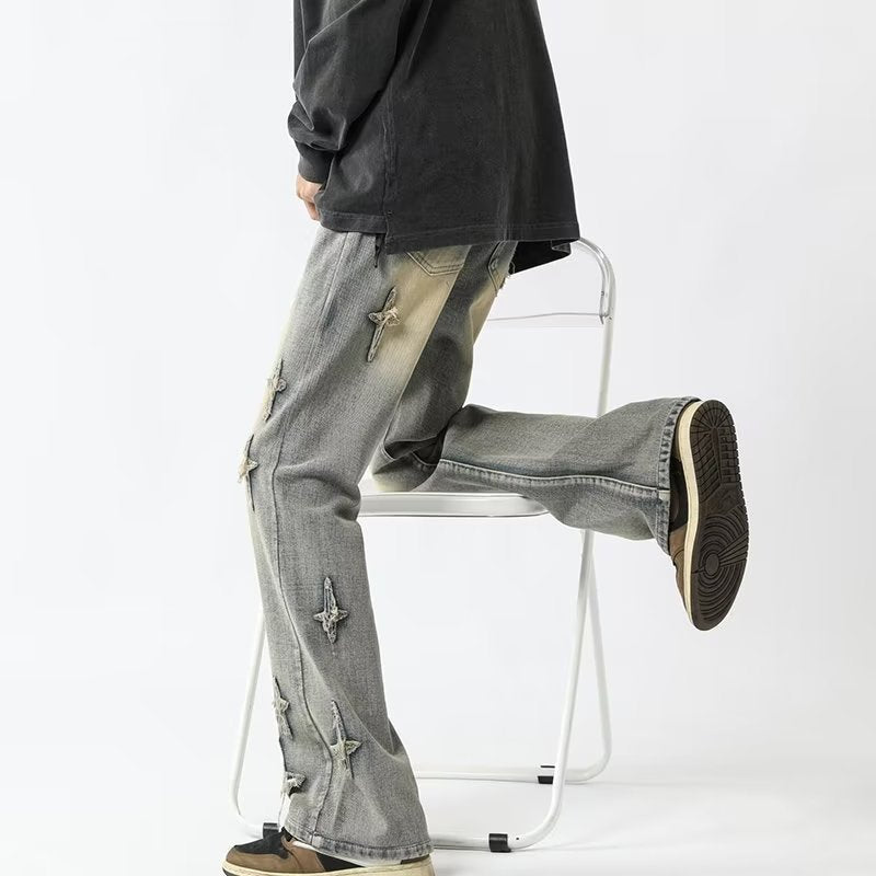 Men Jeans Cross Embroidery Straight-Leg Pants Spring Loose Retro Oversized Casual Trousers