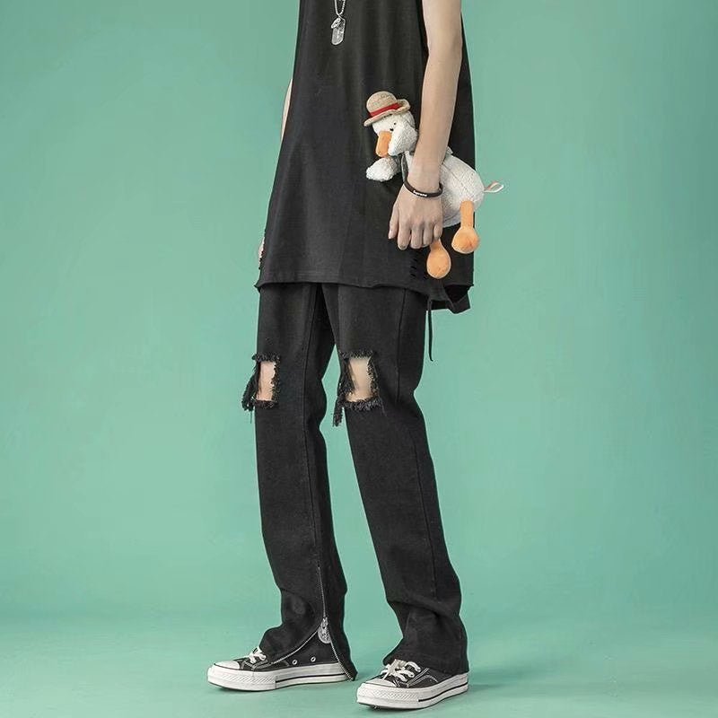Men Jeans Ripped Jeans Men's Summer Hip Hop Zipper Pants