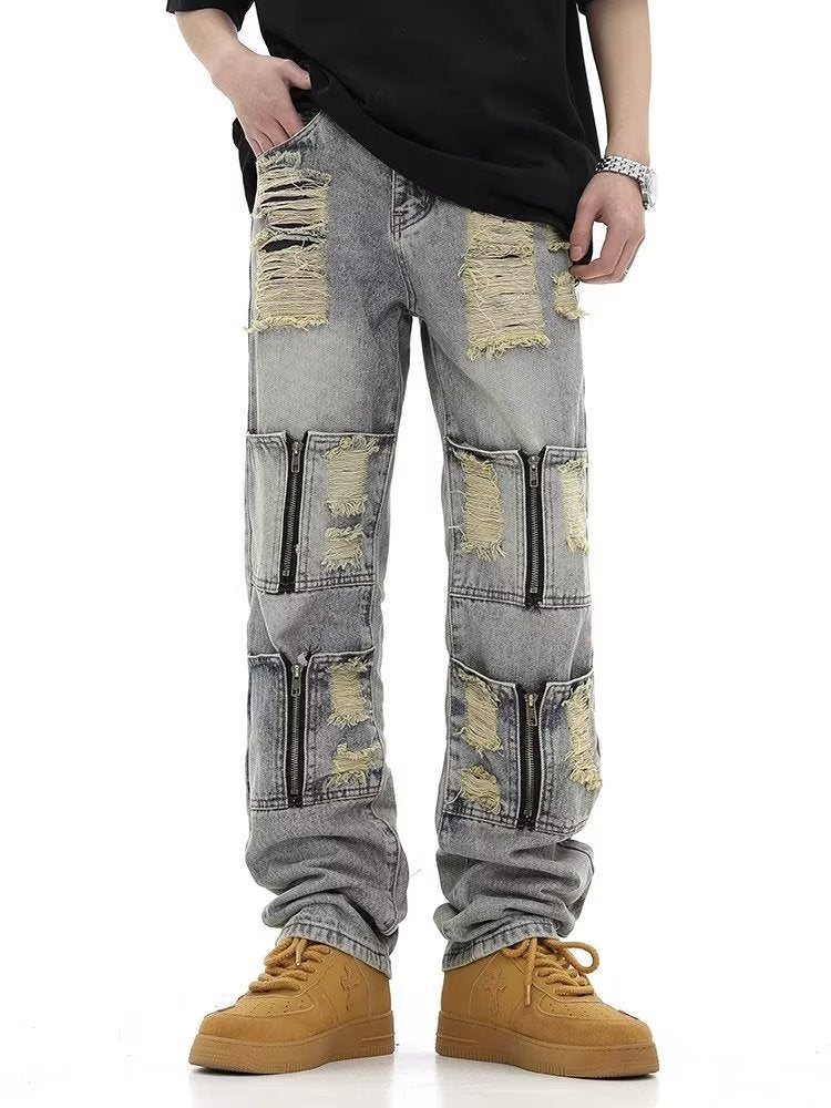 Men Jeans Vintage Distressed Multi-Pocket Straight Jeans