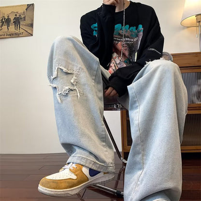 Men Jeans Ripped Jeans Men Retro Washed Straight Loose Oversize Wide Leg Pants