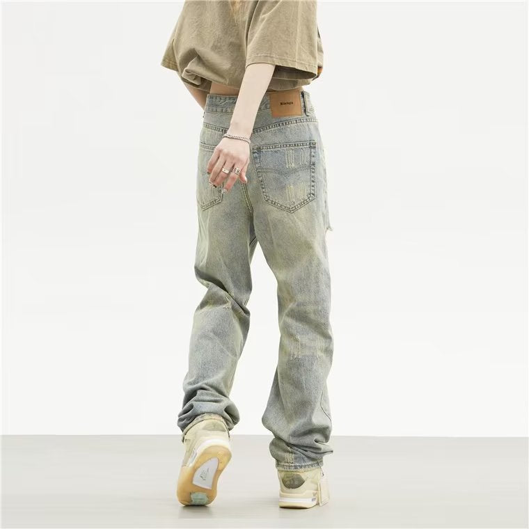 Men Jeans Retro Tattered Jeans Jeans Straight Loose Pants