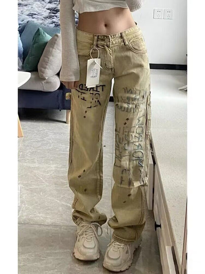 Men Jeans Khaki Splash-Ink Embroidered Jeans Straight-Leg Pants