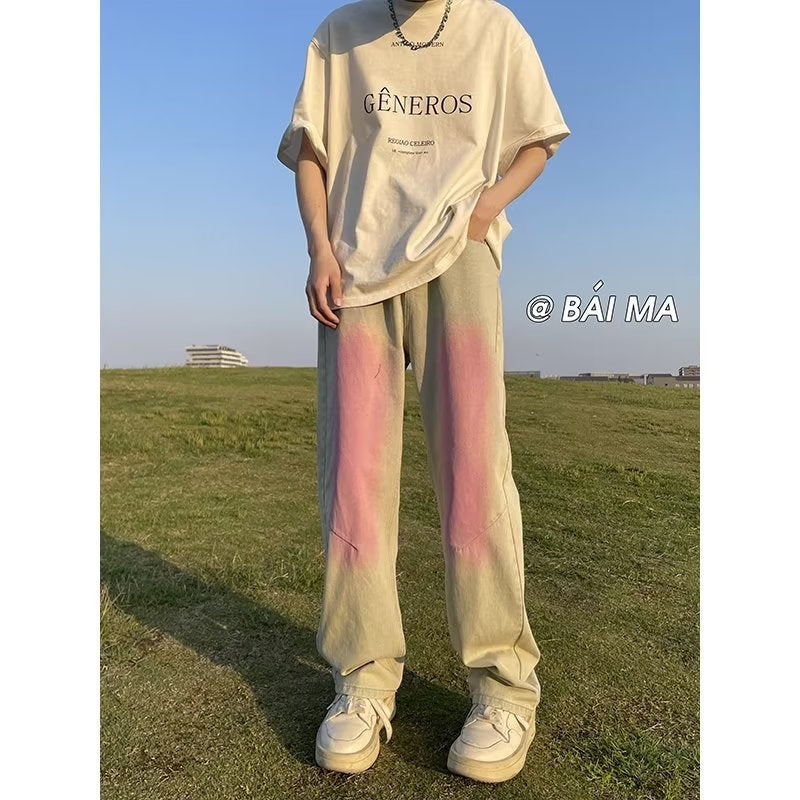 Men Jeans Summer Retro Washed Distressed Loose Straight Casual Trousers