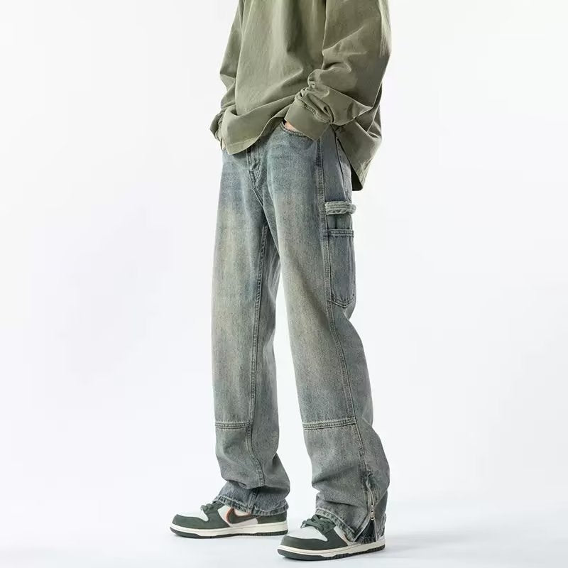 Men Jeans Zipper Split Jeans Spring Vintage Baggy Straight Trousers