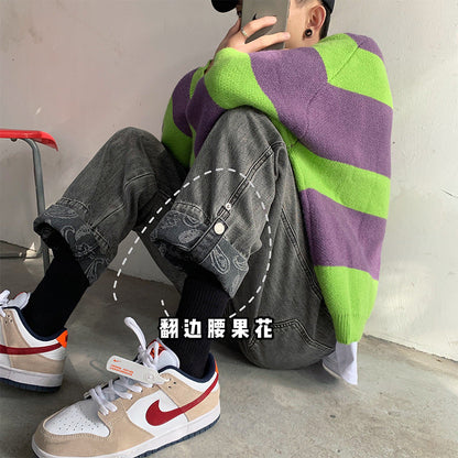 Men Jeans Autumn Vintage Jeans Men's Straight Loose Wide Leg Old Pants
