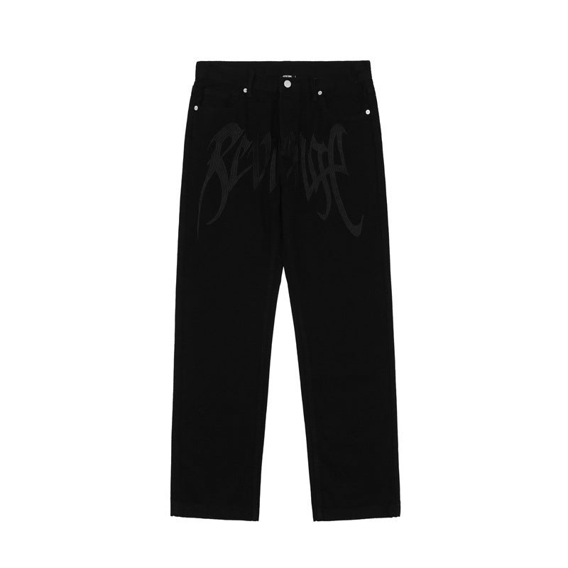 Men Jeans Black Jeans Men's and Women's Vintage Embroidered Straight Loose Jeans