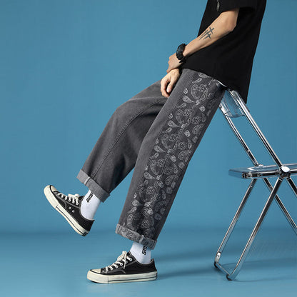 Men Jeans Paisley Jeans Summer Loose Casual Pants Retro Straight-Leg Pants