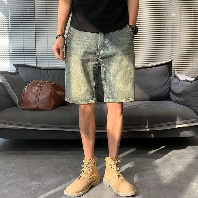 Men Jeans Washed Middle Pants Straight Casual Retro Shorts