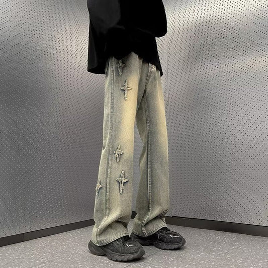 Men Jeans Straight Oversize Summer Slightly Flared Wide Leg Pants