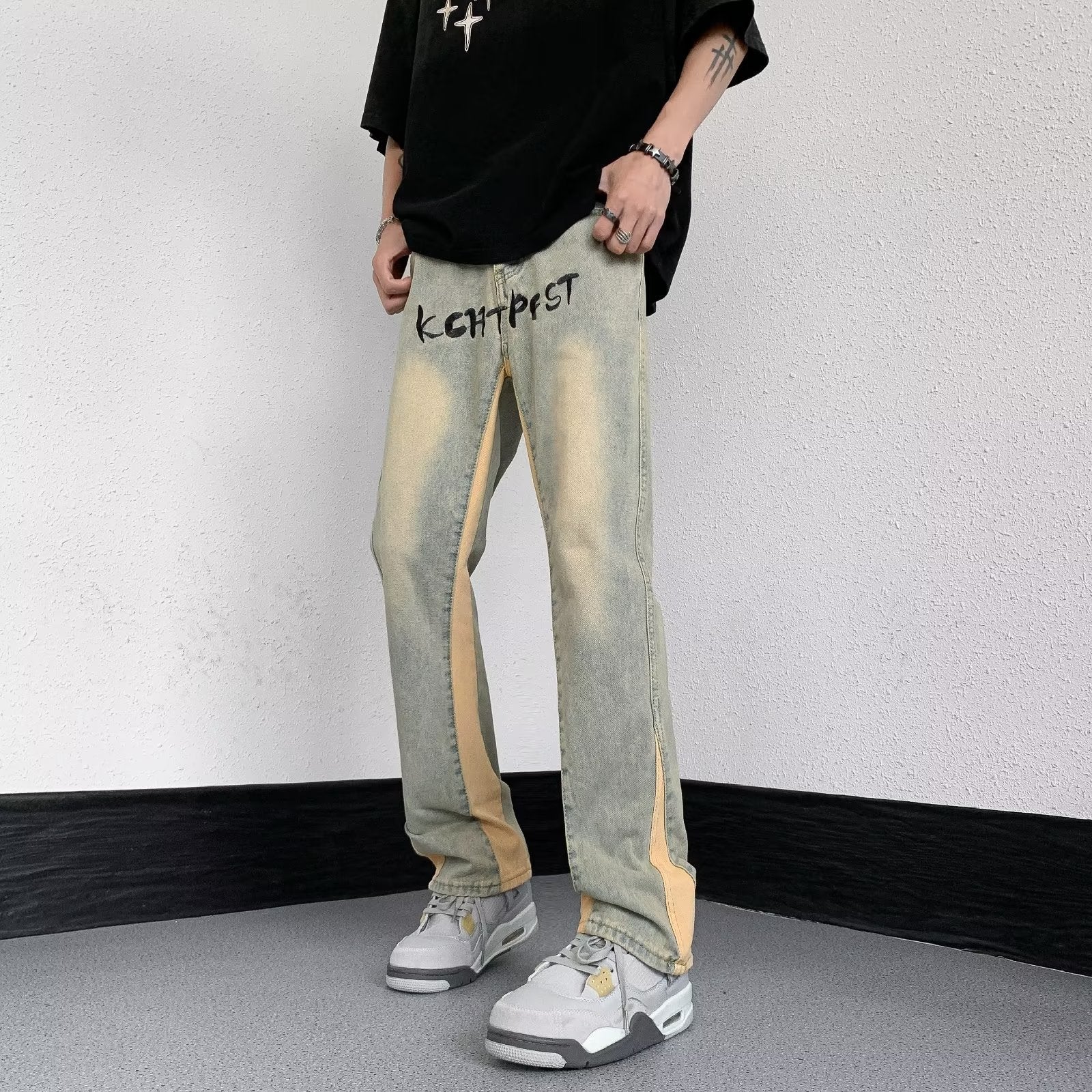 Men Jeans Water-Washing Embroidery Jeans Bootcut Trousers