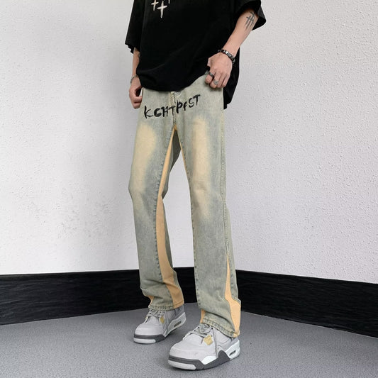 Men Jeans Water-Washing Embroidery Jeans Bootcut Trousers